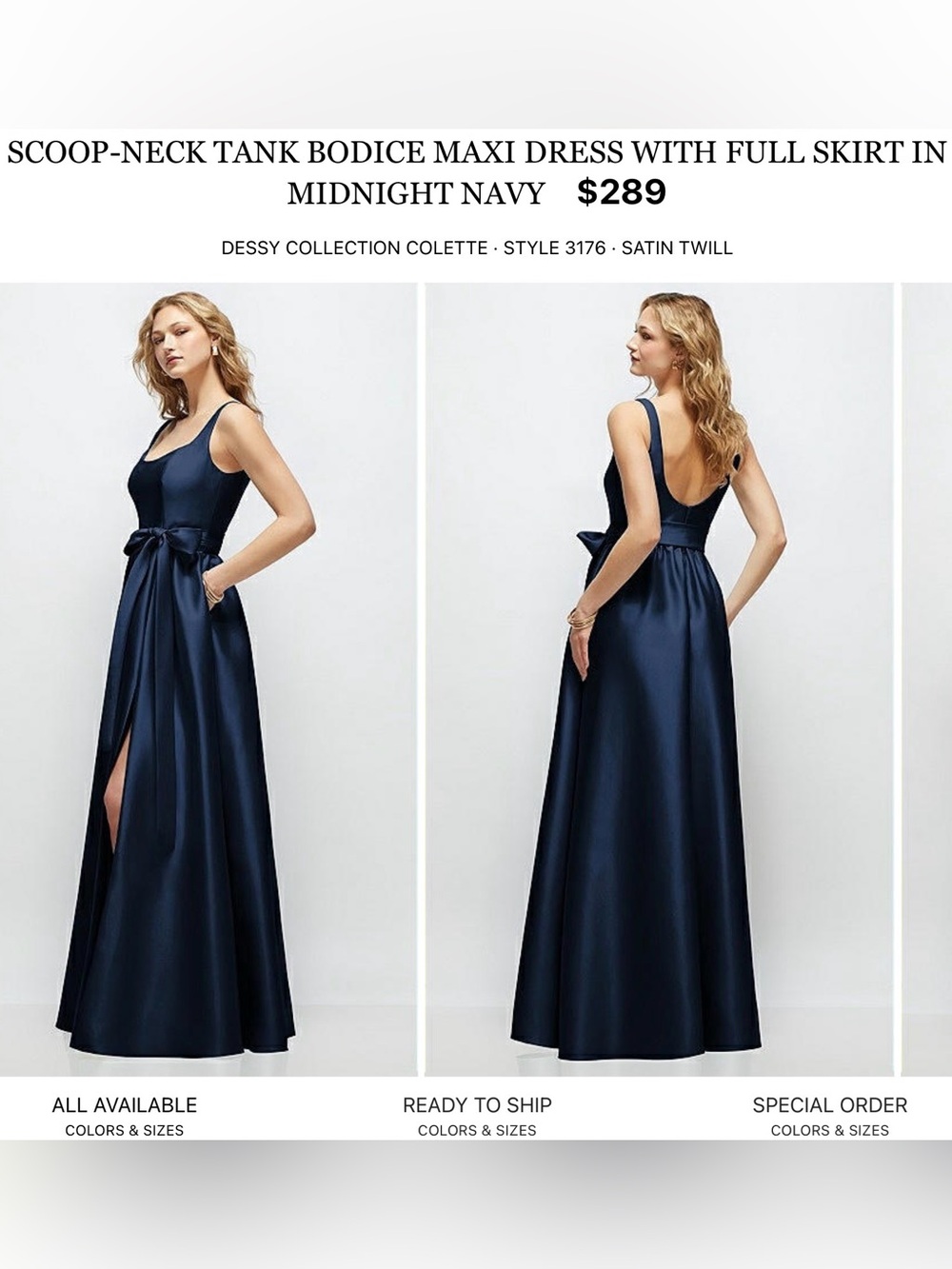 Dessy Collection Midnight Navy Satin Scoop-Neck Maxi Gown